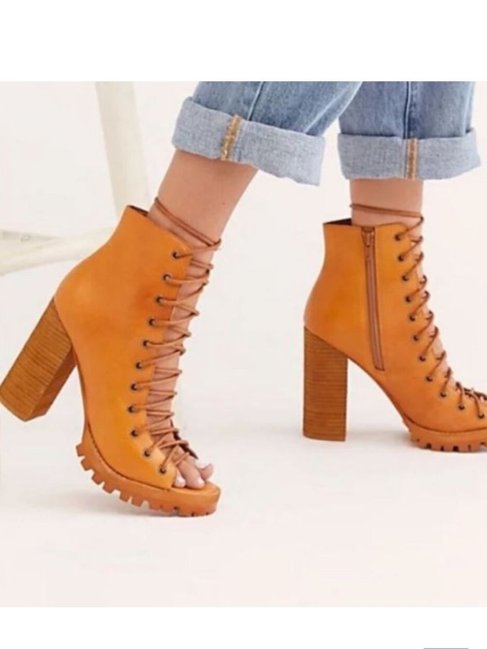 Free People Palermo Lace-Up Chunky Heel Booties in Tan